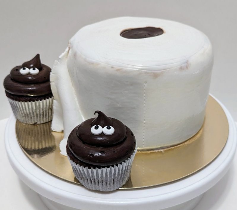 Toilet Paper Cake with Poop Cupcakes
